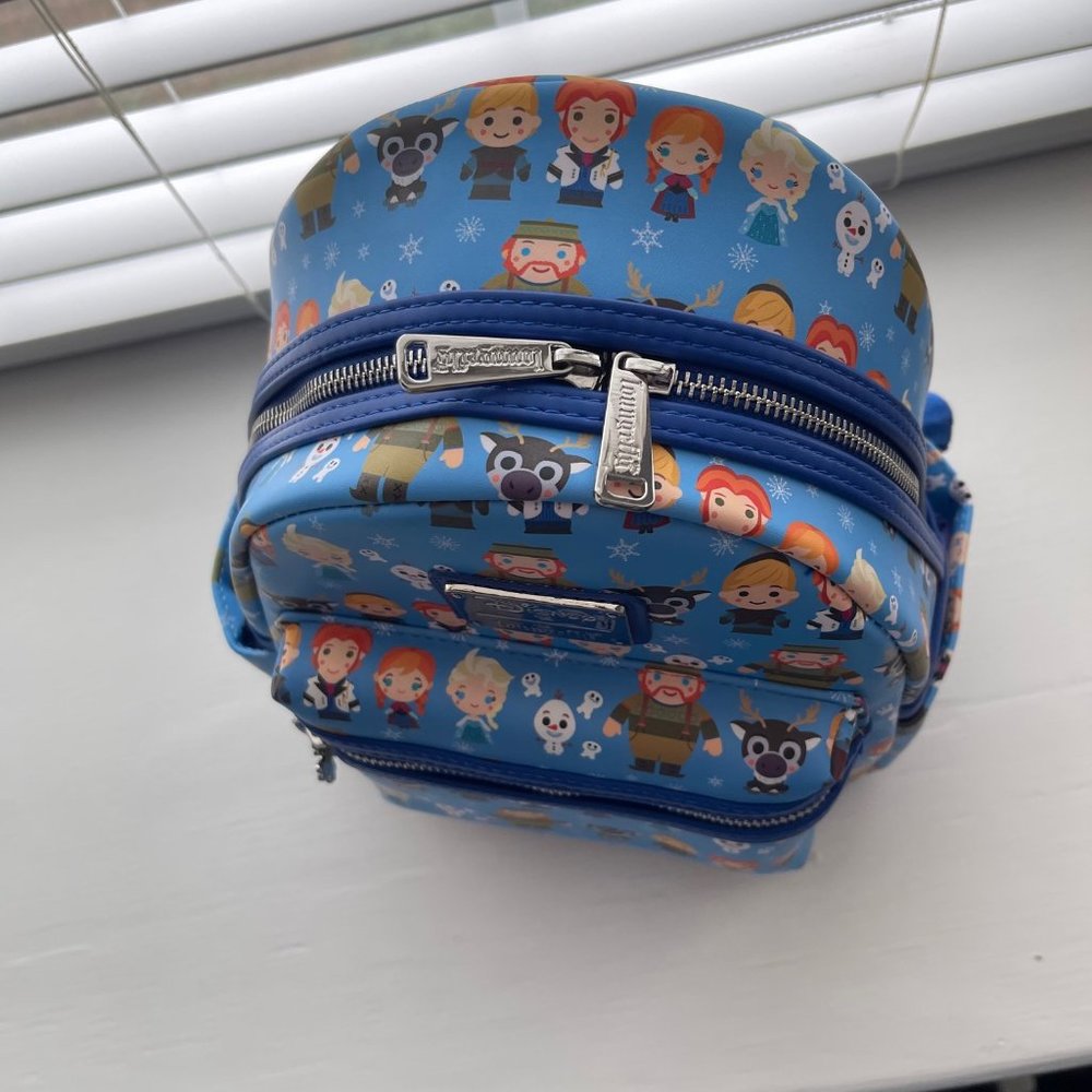 Loungefly Disney Frozen Elsa Anna Sven Olaf Print Chibi Mini Blue Backpack - Picture 6 of 8